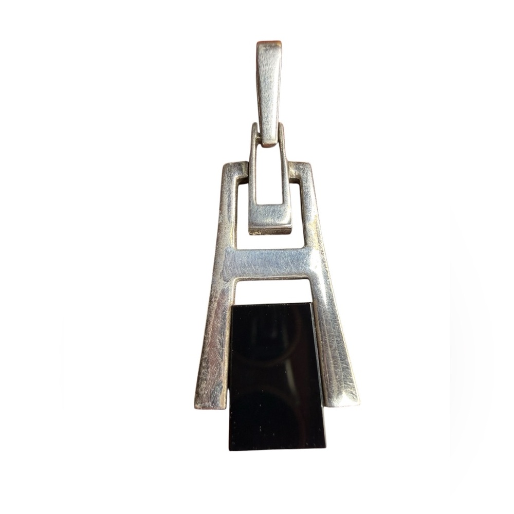 Sterling Silver 925 Modernist Pendant Black Onyx Inlay Geometric